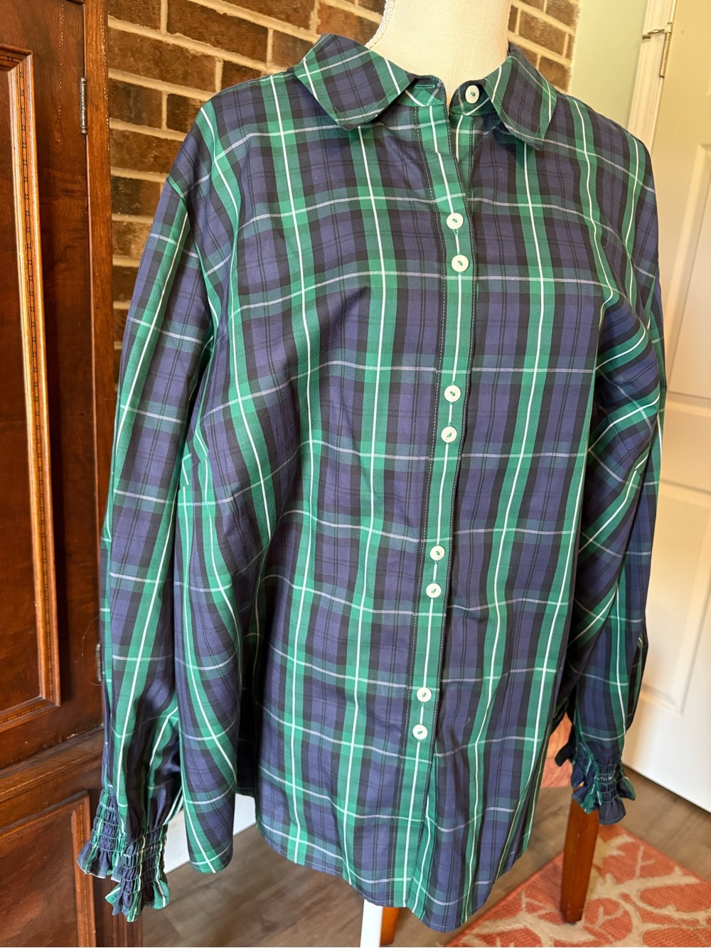 Foxcroft Navy and Green Plaid Button-Up Blouse